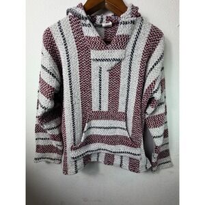 Unbranded Unisex Baja Hoodie Burgundy Grey M Mexican Jerga Pullover Stripe
